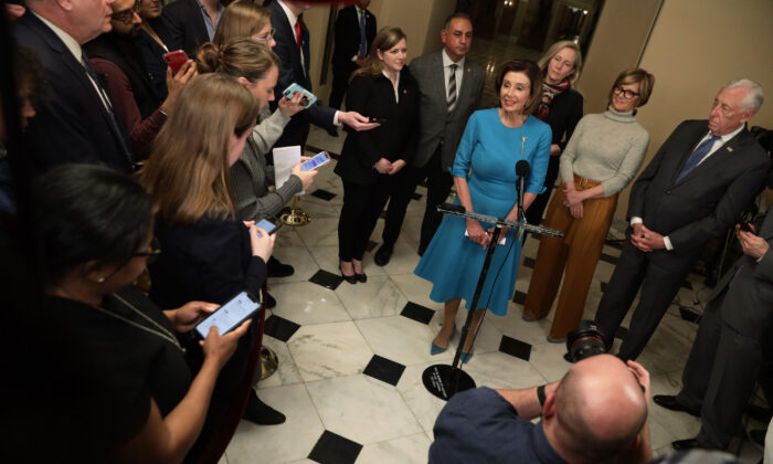 Speaker of the House Rep. Nancy Pelosi (D-CA) speaks to members of the media in Washington, on March 13, 2020.