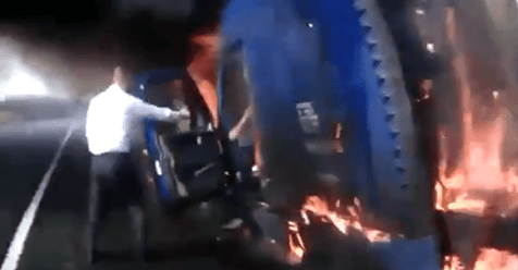 NJ state troopers pulled a man from fiery truck seconds before it exploded. (New Jersey State Police/Released)