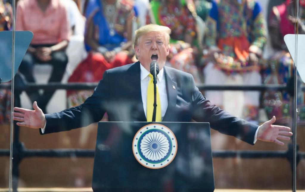 President Trump speaks at a rally in India.
(MONEY SHARMA/AFP via Getty Images)