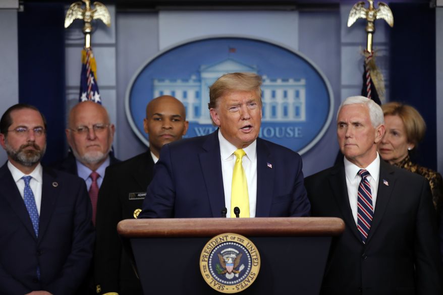 President Donald Trump speaks in the Brady press briefing room of the White House in Washington, Monday, March, 9, 2020,