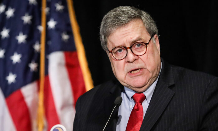 Attorney General William Barr speaks at a the National Sheriffs' Association conference in Washingon on Feb. 10, 2020. 