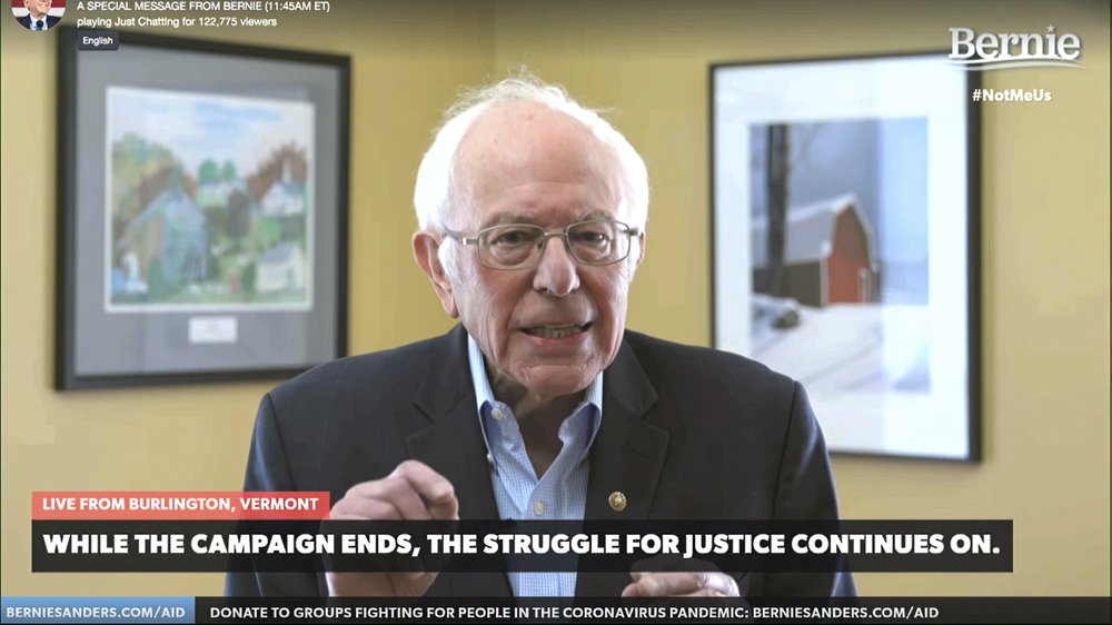 This image from video provided by the Bernie Sanders presidential campaign shows Sen. Bernie Sanders, I-Vt., as he announces he is ending his presidential campaign Wednesday, 
