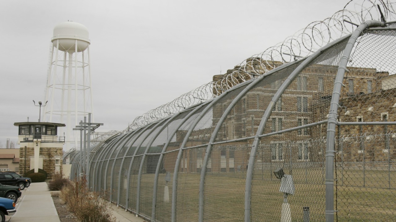 Guard tower one overlooks the back side of the Lansing Correctional Facility in Lansing, Kan.,