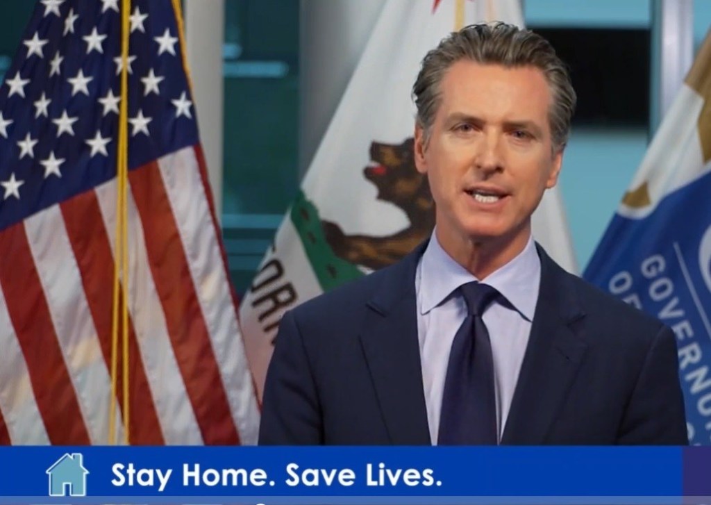 A screenshot of California Gov. Gavin Newsom giving his daily coronavirus press briefing.