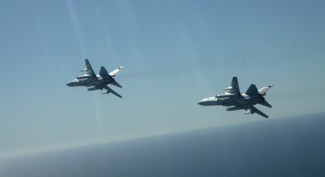 Two Russian SU-24 fighter jets, as pictured from the cockpit of a Belgian F-16 flying an intercept mission over the Baltic Sea, April 17, 2020.