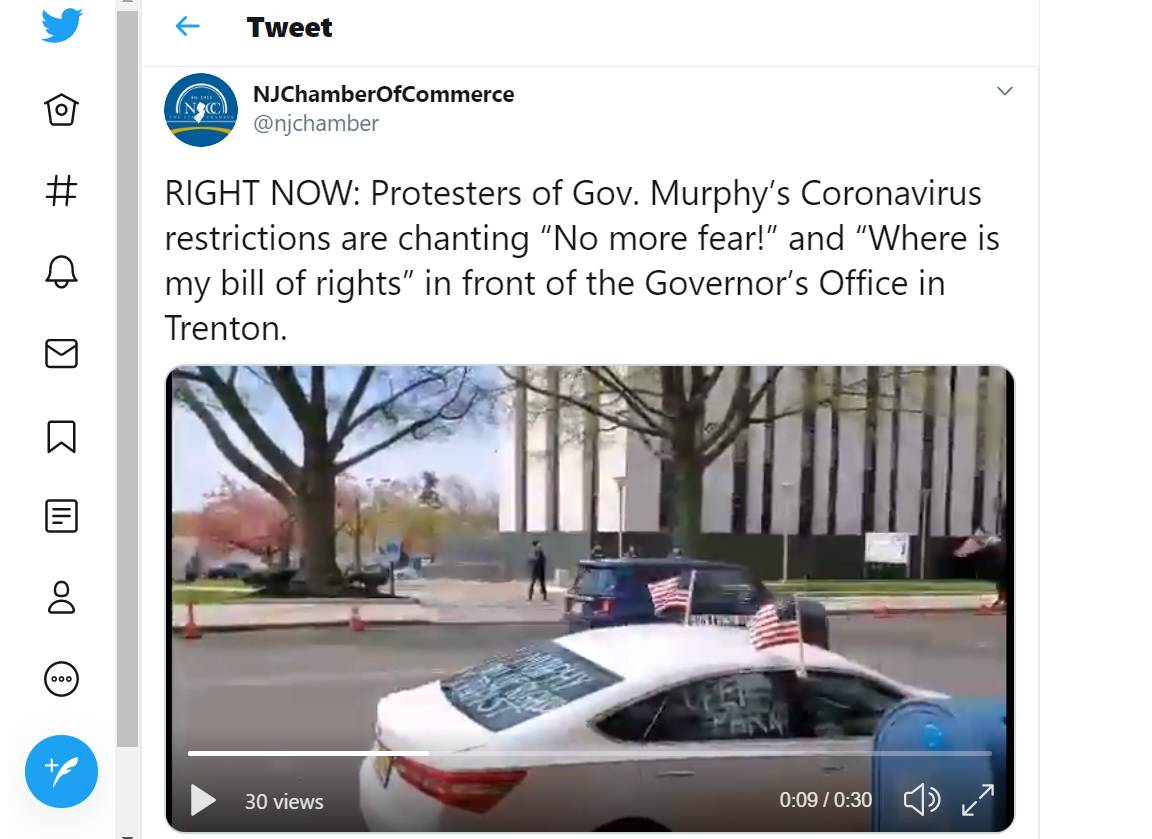 A caravan of protestors gathers in front of Gov. Phil Murphy's office in Trenton to protest the state's stay-at-home order.