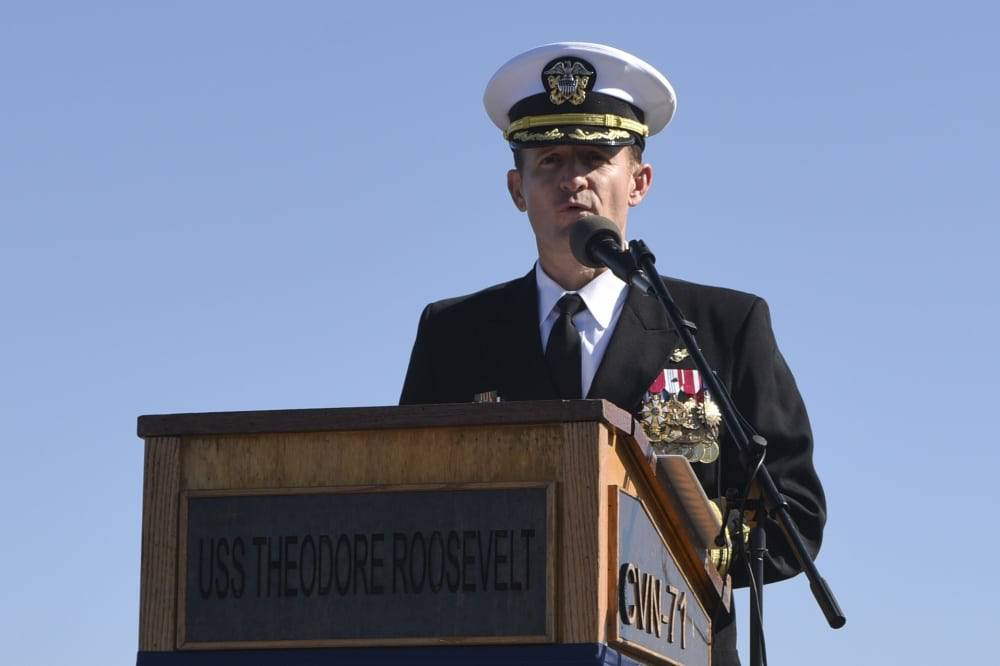 Capt. Brett Crozier addresses the crew for the first time as commanding officer of the aircraft carrier USS Theodore Roosevelt (CVN 71)