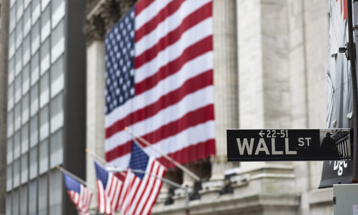 U.S. flags on display outside the New York Stock Exchange in New York on April 9, 2020. (Kena Betancur/Getty Images)