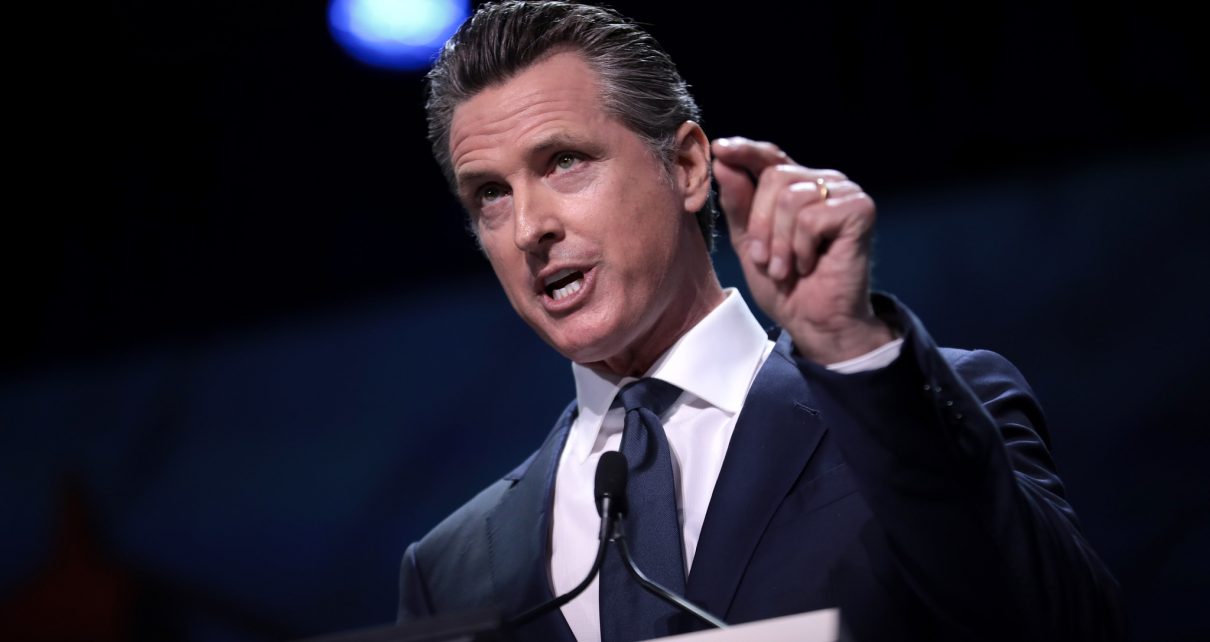 Governor Gavin Newsom speaking with attendees at the 2019 California Democratic Party State Convention ,