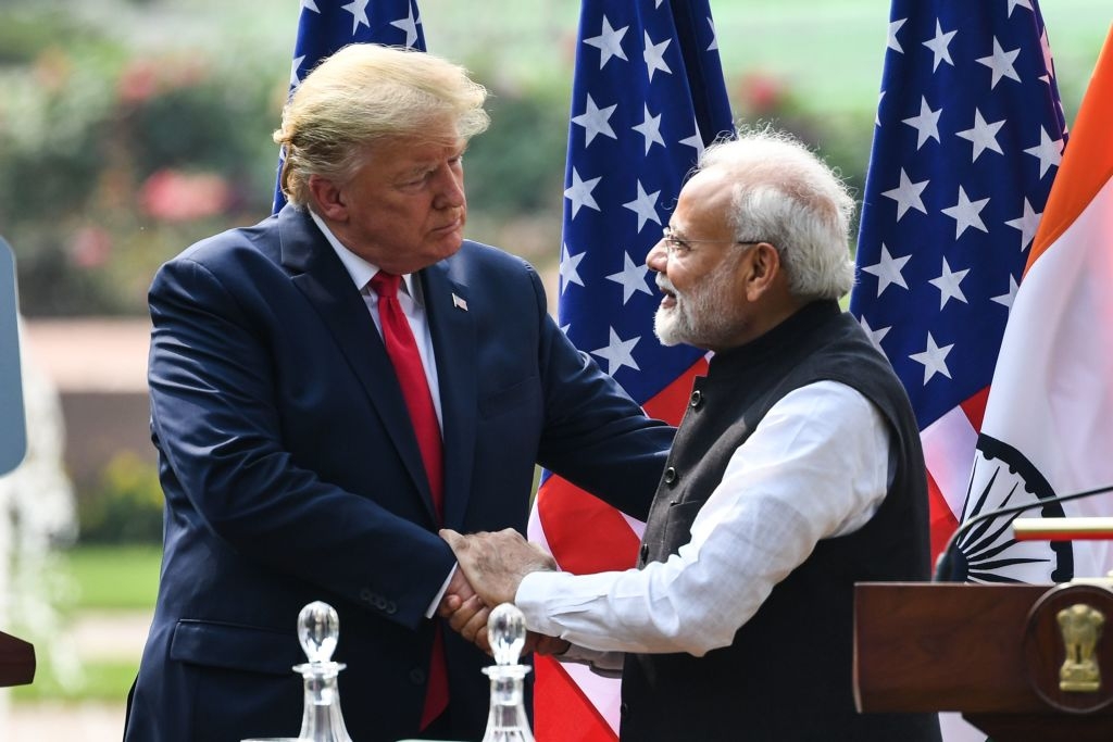 Pictured: US President Donald Trump shakes hands with India's Prime Minister Narendra Modi in New Delhi on February 25, 2020. 