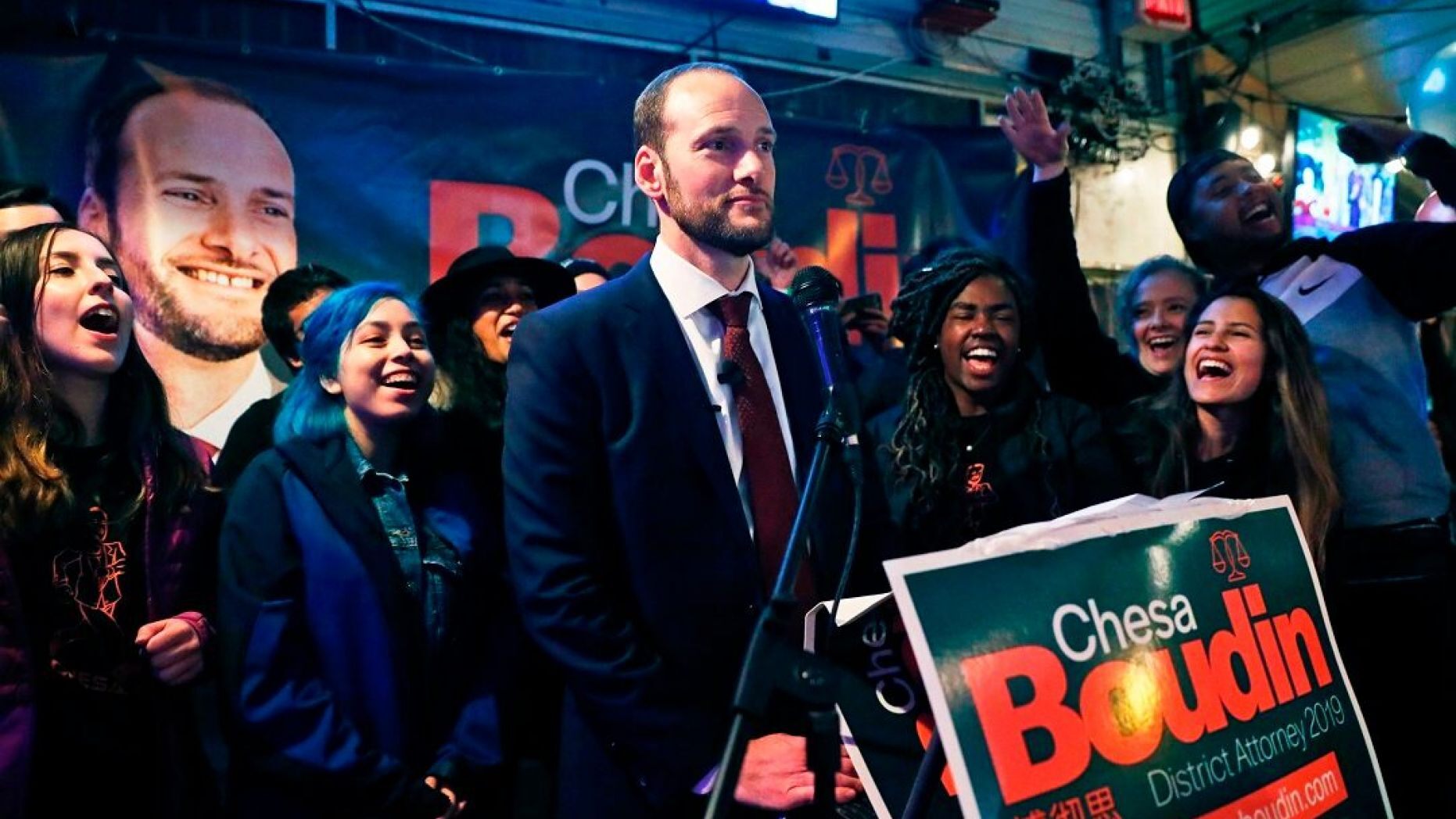 In this Tuesday, Nov. 5, 2019, photo, San Francisco District Attorney candidate Chesa Boudin pauses during his speech at an election night event at SOMA StrEat Food Park in San Francisco. Boudin,