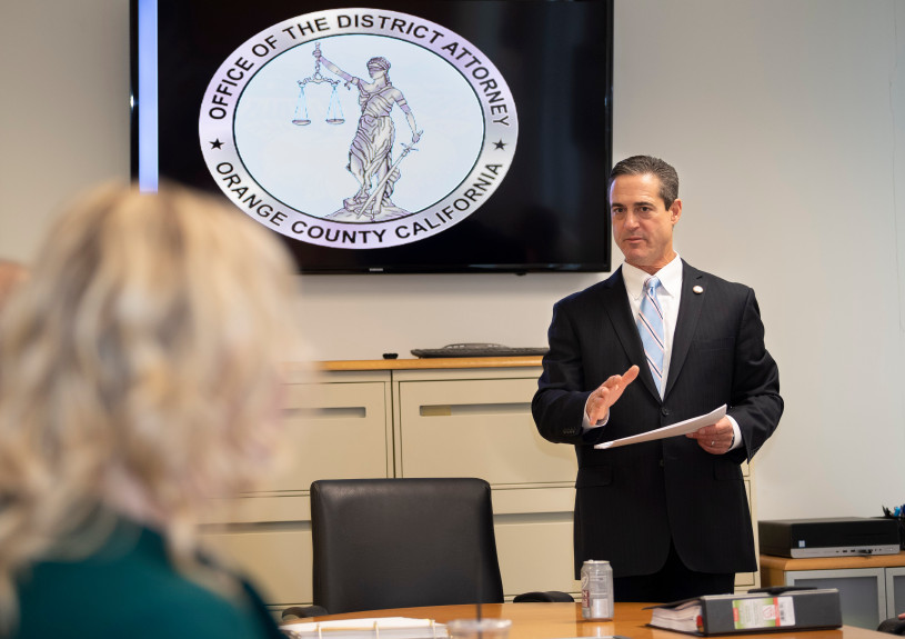 Orange County District Attorney Todd Spitzer leads a meeting at the DA’s office in Santa Ana, CA on Friday, February 21, 2020. 