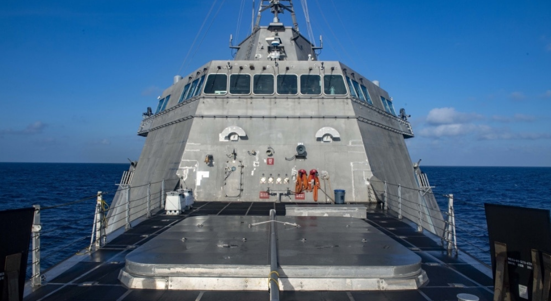 The Independence-variant littoral combat ship USS Montgomery (LCS 8) conducts routine operations near the Fiery Reef in the South China Sea.