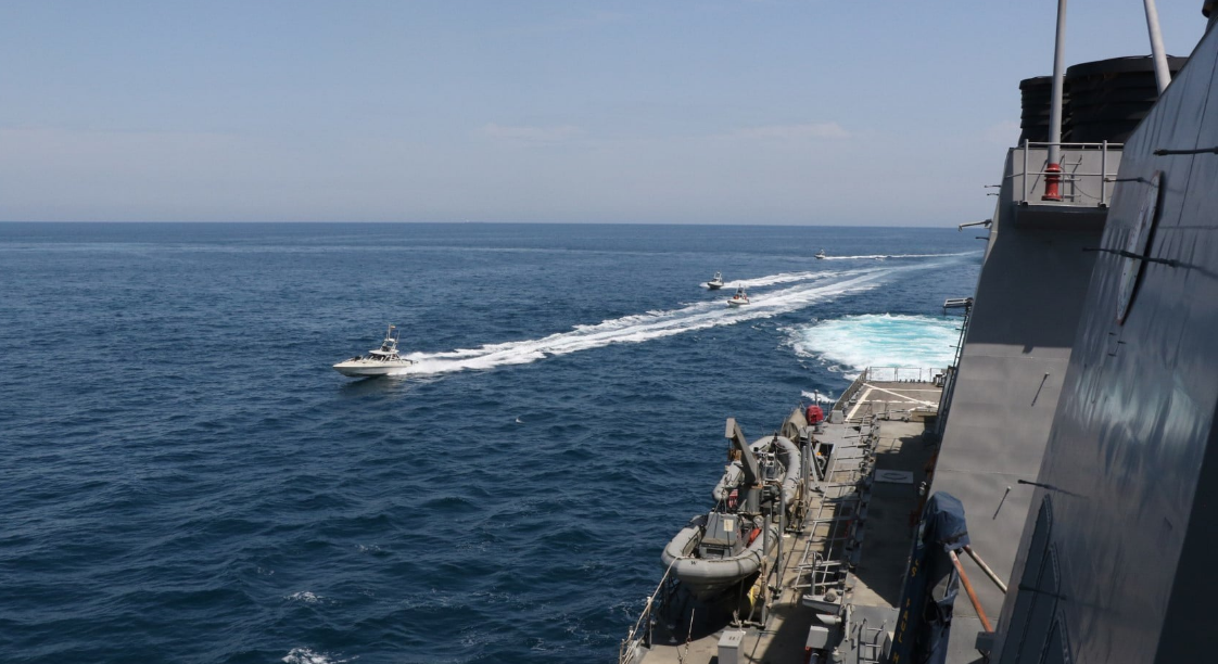 NORTH ARABIAN GULF (April 15, 2020) Iranian Islamic Revolutionary Guard Corps Navy (IRGCN) vessels conducted unsafe and unprofessional actions against U.S. Military ships by crossing the ships’ bows and sterns at close range while operating in international waters of the North Arabian Gulf.
