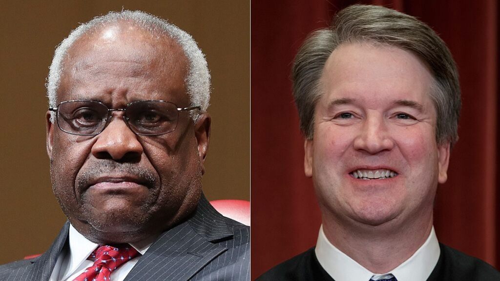 Supreme Court Justices Brett Kavanaugh and Clarence Thomas joined forces on a dissent Monday charging their Supreme Court colleagues with a "decade-long failure to protect the Second Amendment." (AP)