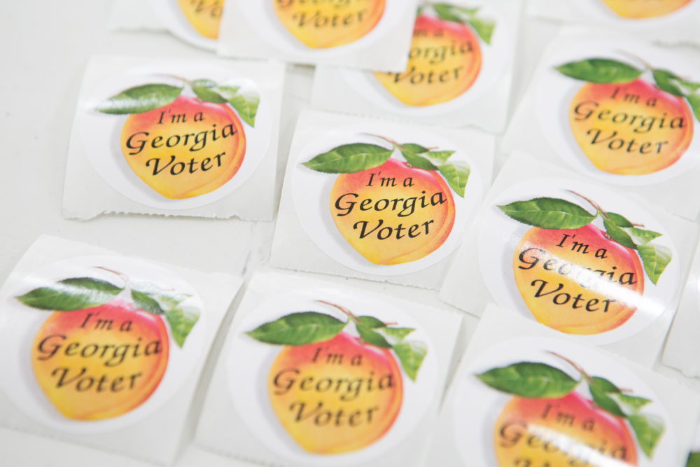 ATLANTA, GA - NOVEMBER 4: Georgia voter stickers are displayed for voters in the midterm election at Grady High School on November 4, 2014 in Atlanta, Georgia.