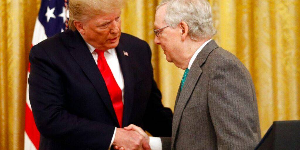 President Donald Trump shakes hands with Senate Majority Leader Mitch McConnell of Ky., in the East Room of the White House,