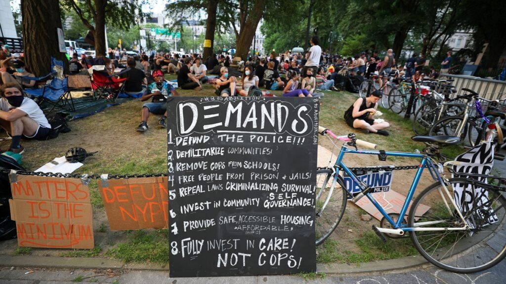 A group of Black Lives Matter protestors congregate at City Hall across from One Police Plaza as part of the "Defund NYPD" and "Occupy City Hall",