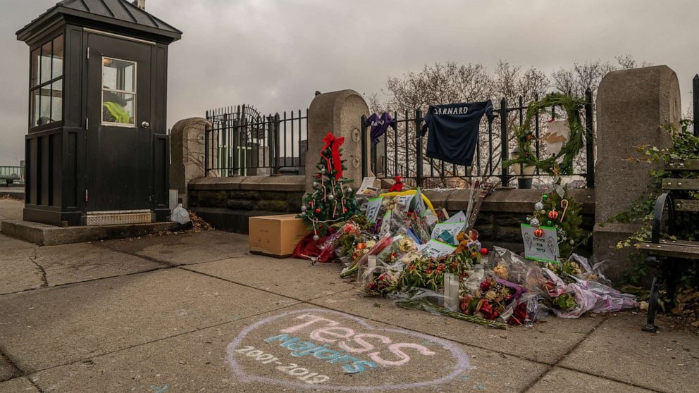 PHOTO: In this Dec. 26, 2019, file photo, a makeshift memorial stands for 18-year-old Barnard College freshman Tessa Majors in Morningside Park in New York. 