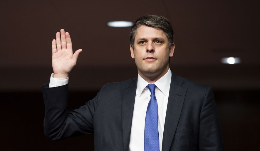 In this May 6, 2020 photo, nominee Justin Walker to be U.S. District Judge for the District of Columbia Circuit testifies during a Senate Judiciary Committee hearing,