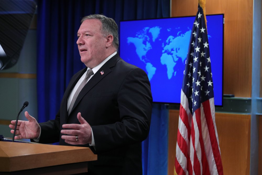 Secretary of State Mike Pompeo speaks during a news conference at the State Department in Washington, Wednesday, July 8, 2020.