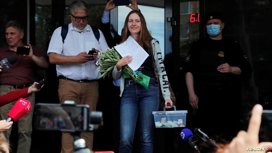 Russian journalist Svetlana Prokopyeva leaves after a court hearing in Pskov, Russia July 6, 2020. A Russian court pronounced Prokopyeva guilty of justifying terrorism and handed down a fine of 500,000 roubles.