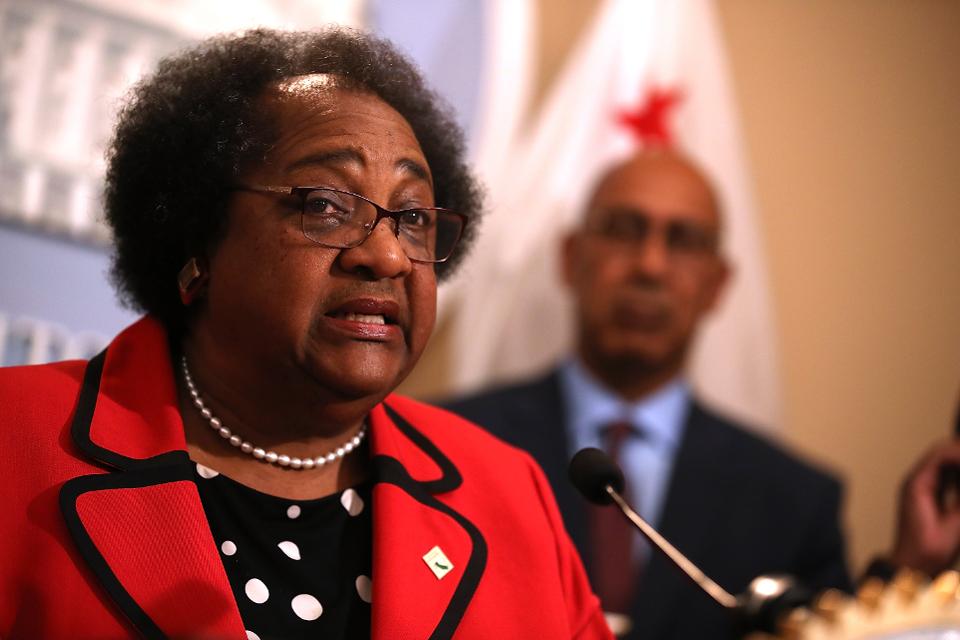 California State Assemblymember Shirley Weber (D-San Diego) speaks during a news conference.