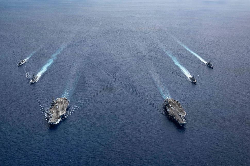 The USS Ronald Reagan and USS Nimitz in the South China Sea, July 6, 2020. 