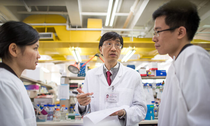 Yuen Kwok-yung (C) at a laboratory of Hong Kong University's Department of Microbiology at Queen Mary Hospital in Hong Kong, on March 11, 2013.