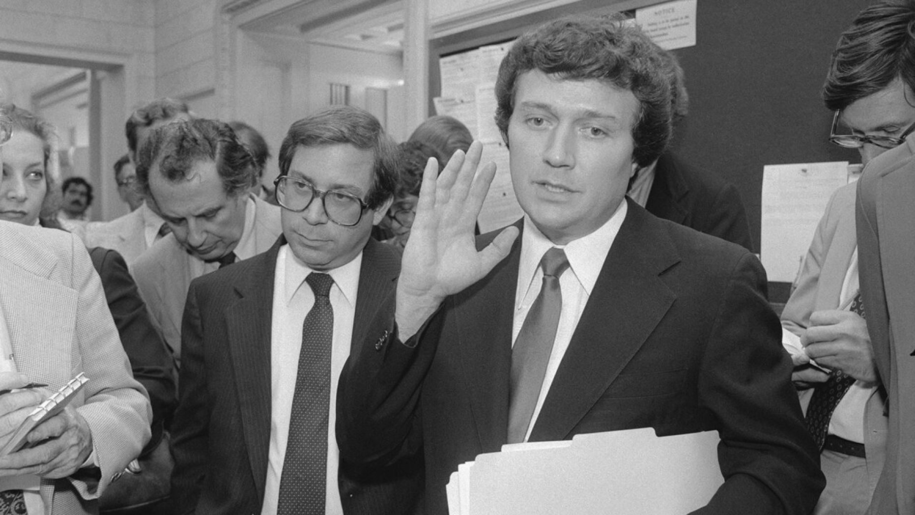 In this 1980 photo, then-Rep. Michael Myers, D-Pa. speaks to reporters at the Capitol 