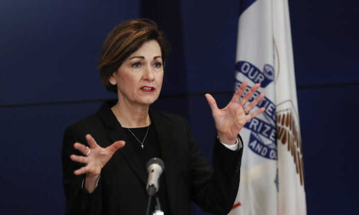 Iowa Gov. Kim Reynolds updates the state's response to the CCP virus outbreak during a news conference at the State Emergency Operations Center,