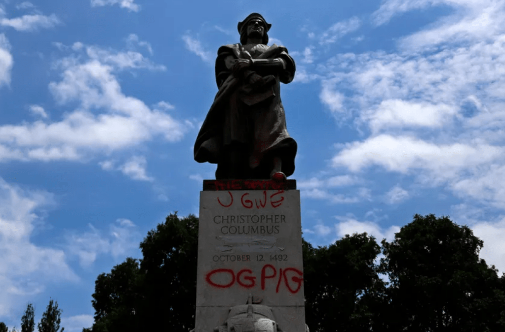A statue of Christopher Columbus is seen in Schenley Park in the Oakland neighborhood of Pittsburgh, Tuesday, June 23, 2020. 
