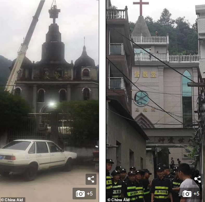 Pictures released by US-based China Aid purport to show a crane taking down a cross on top of a church (left)