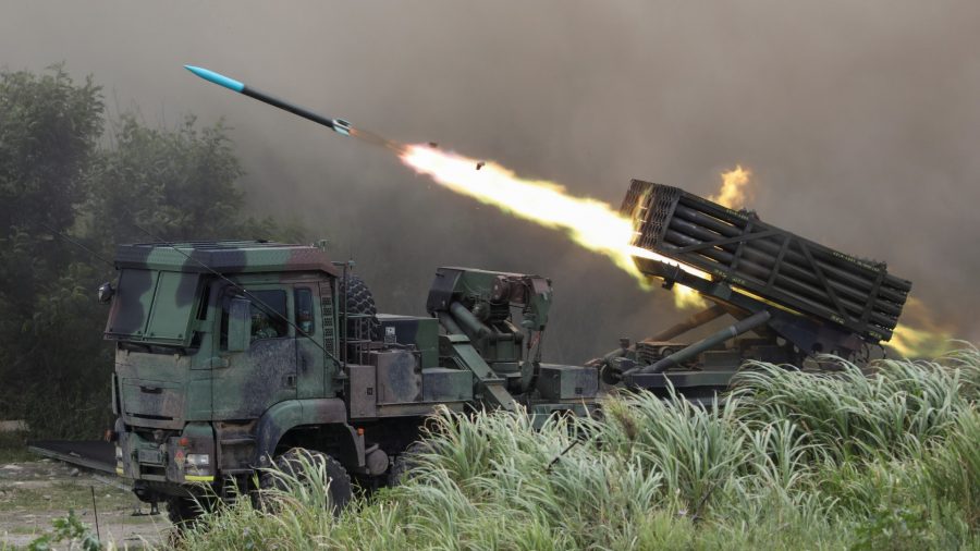 Multiple Launch Rocket System Thunderbolt-2000 fires rockets during the live-fire, anti-landing Han Kuang military exercise, which simulates an enemy invasion, in Taichung, Taiwan, on July 16, 2020.