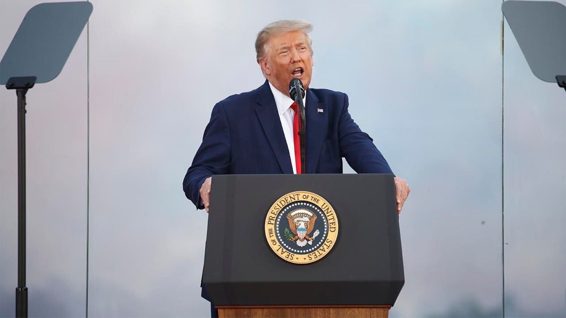 President Donald Trump speaks during a "Salute to America" event on the South Lawn of the White House, 