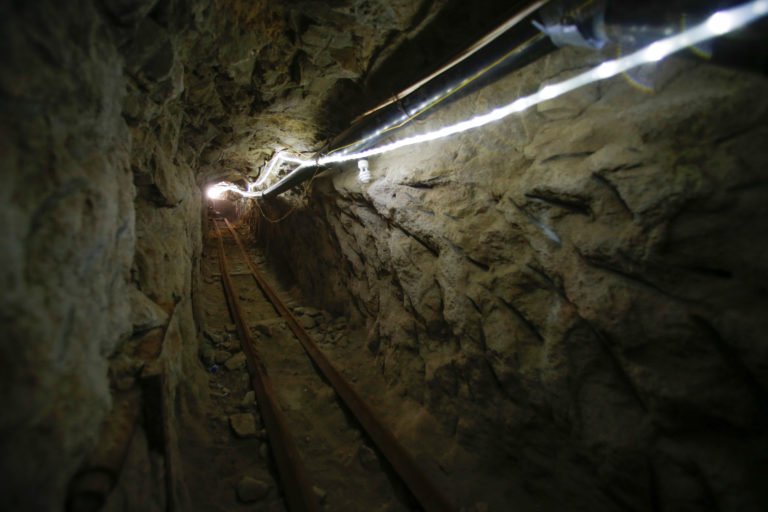 An illegal smuggling tunnel, now used for training federal officers, is seen under the border between Mexico and the United States, in San Diego, California,