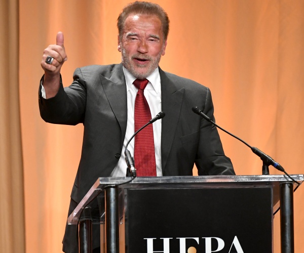 Arnold Schwarzenegger speaks onstage during Hollywood Foreign Press Association's Annual Grants Banquet at Regent Beverly Wilshire Hotel on July 31, 2019 in Beverly Hills, California.