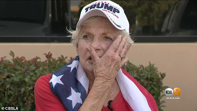 Donna Snow, 84 (pictured), was punched by a man as she attended a Trump rally in Aliso Viejo, California, on Wednesday night.