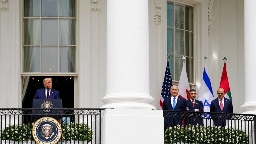 President Donald Trump speaks during the Abraham Accords signing ceremony on the South Lawn of the White House, Tuesday, Sept. 15, 2020, in Washington, as Israeli Prime Minister Benjamin Netanyahu, United Arab Emirates Foreign Minister Abdullah bin Zayed al-Nahyan and Bahrain Foreign Minister Khalid bin Ahmed Al Khalifa, look on.