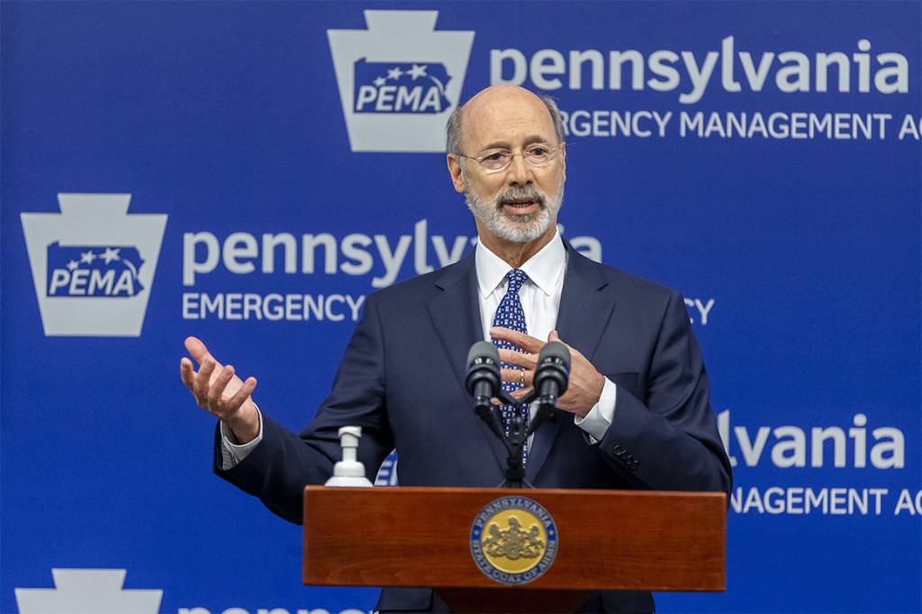 Pennsylvania Gov. Tom Wolf meets with the media at The Pennsylvania Emergency Management Agency headquarters in Harrisburg, Pa.