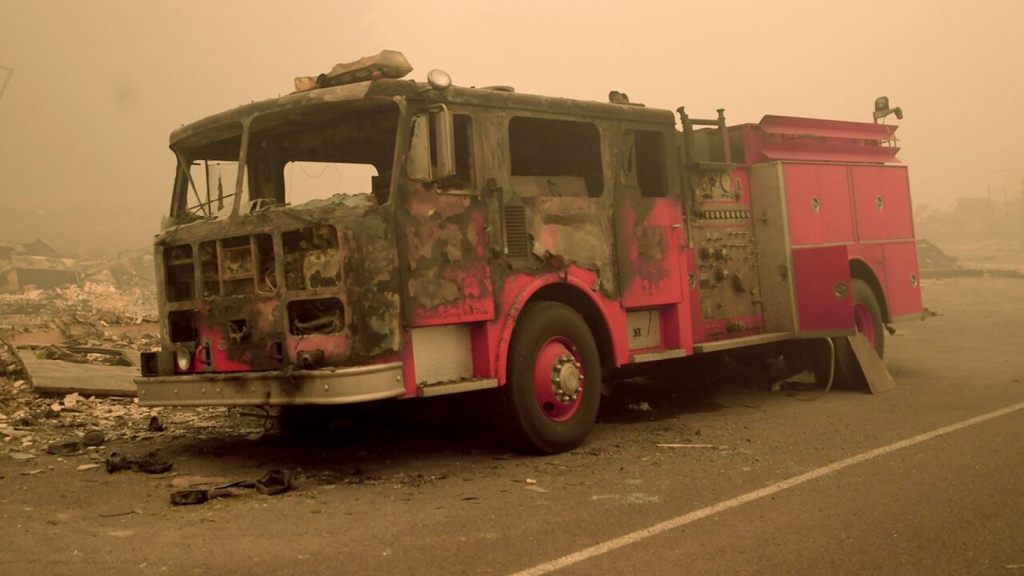 A fire engine from the Idanha-Detroit Rural Fire Protection District sits on Detroit Avenue Friday, Sept. 11, 2020, in Detroit,