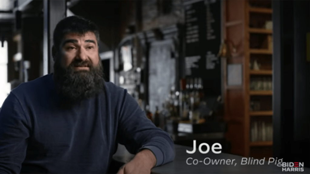 The Blind Pig co-owner, Joe Malcoun, seen in a recent TV ad released by Joe Biden's presidential campaign. 
