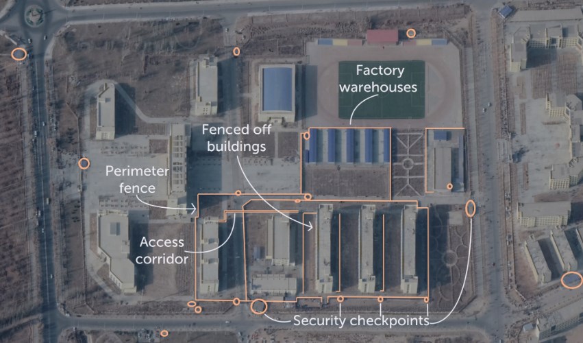 Satellite image of Jiashi Vocational School, January 2018, with security infrastructure added since 2017 highlighted in orange.
