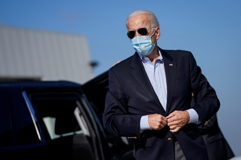 Democratic presidential nominee Joe Biden arrives at New Castle Airport to board his campaign plane in New Castle, Del.