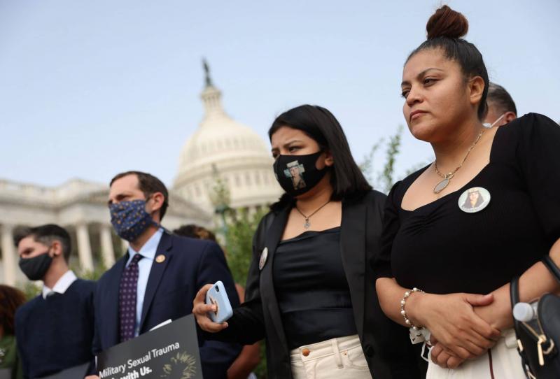 Gloria Guillen, right, mother of 20-year-old murder victim U.S. Army Private First Class Vanessa Guillen, and her daughter Lupe, second from right, attend a news conference outside the U.S. Capitol in Washington, D.C., on September 16, 2020.