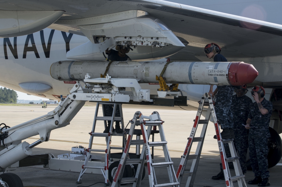 An AGM-84K SLAM-ER missile -- among the weapons systems the State Department approved for sale to Taiwan this week -- is loaded on a P-8A Poseidon in 2014 at Naval Air Station Jacksonville in Florida.