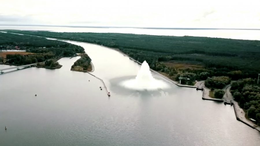 Tallboy bomb, the biggest World War Two bomb ever found in Poland, explodes underwater while being defused, in Swinoujscie, Poland, on Oct. 13, 2020.