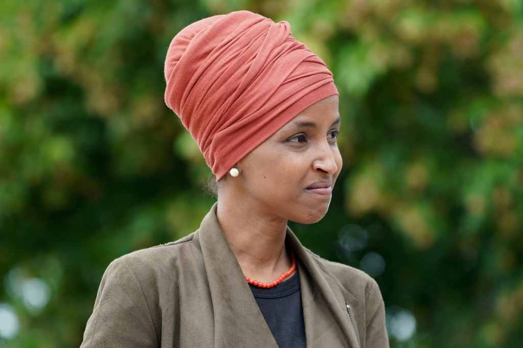 In a file photo, surrounded by local elected officials and community leaders, Rep. Ilhan Omar speaks to the media, making her case for re-election on August 5, 2020 in St. Paul, Minnesota.