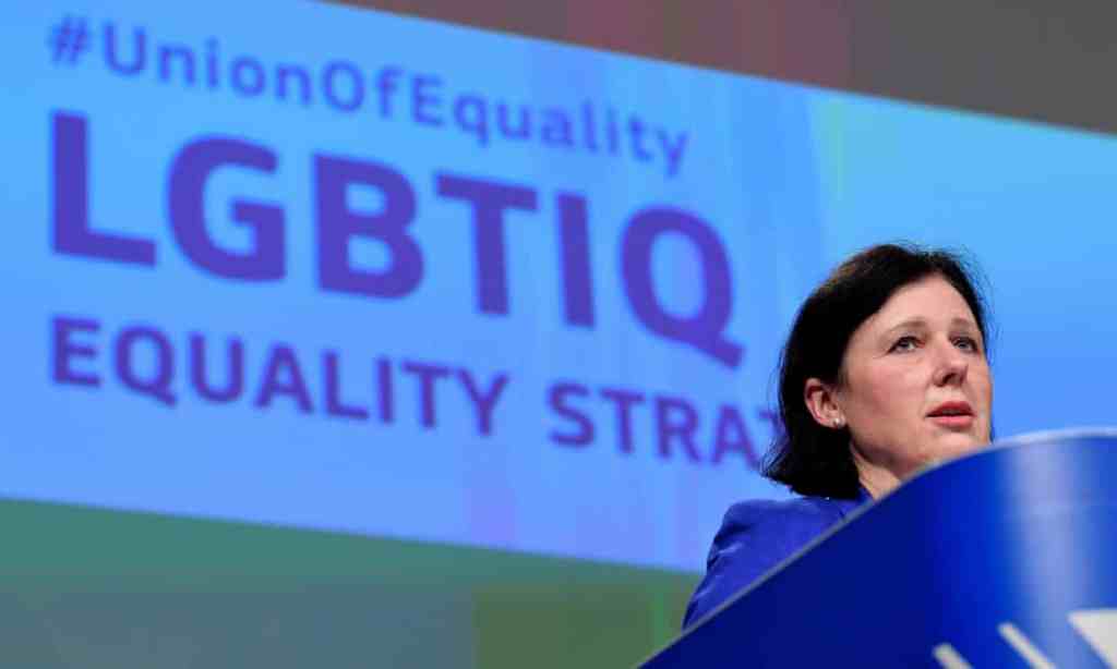 The European commissioner Věra Jourová presents the bloc’s strategy in Brussels. Proposals include criminalising hate speech against LGBTQ+ people.