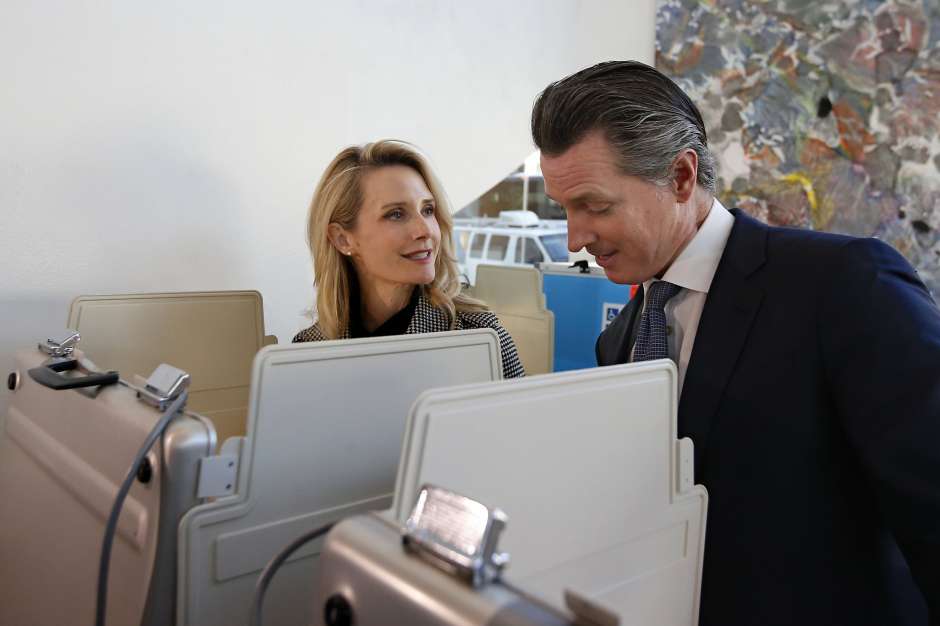 Gov. Gavin Newsom and his wife, Jennifer Siebel Newsom, as they vote in the California primary on March 3 in Sacramento. The couple attended a party at the French Laundry restaurant in Napa on Nov. 6 that included people from several households, the type of gathering Newsom’s administration has discouraged during the coronavirus pandemic.
Photo: Rich Pedroncelli / Associated Press